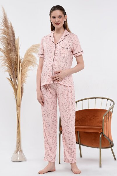 LadyMina Pijama Hamile Ve Lohusa Pembe Çiçek Desen Kısa Kol Ikili Pijama Takımı