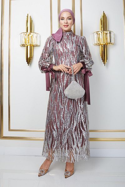 Olcay Pailletten-gemustertes Hijab-Abendkleid aus Tüll – Ärmel-Mund-Schnürung, DRIED ROSE 1220