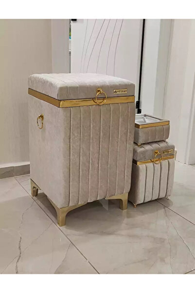 Özyer Çeyiz 3 Parça Kare Açık Kahverengi Altın Şeritli Modern Kadife Banyo Ki...