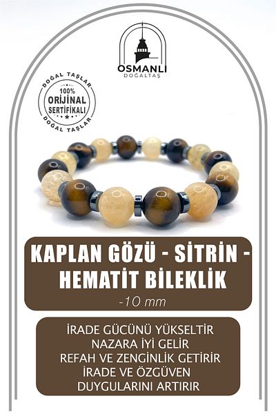 OSMANLI DOĞAL TAŞ 10mm Tiger Eye - Citrine and Hematite Natural Stone Bracelet