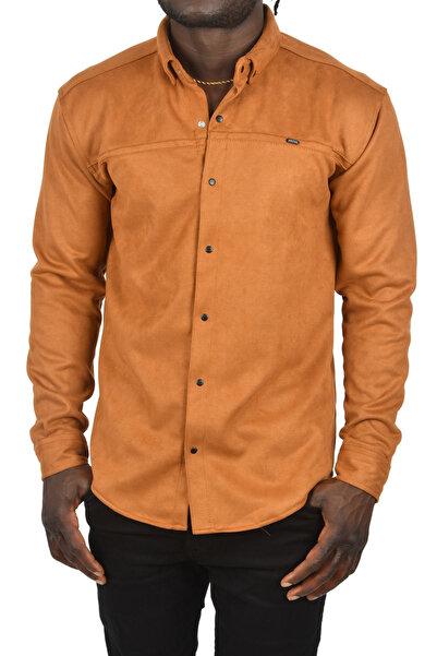 DeepSEA Ανδρικό σουέτ πουκάμισο Tan Lycra - Snap, Χωρίς τσάκιση, Slim Fit, Εποχιακό χωρίς τσέπες 2500556