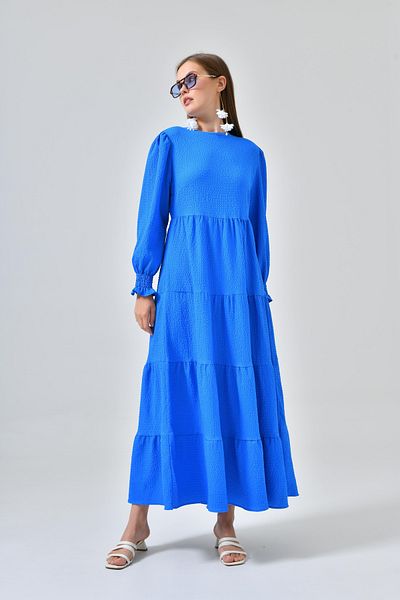 Saade Saks Blue Crew Neck Sleeve Gipe Detailed Layered Dress