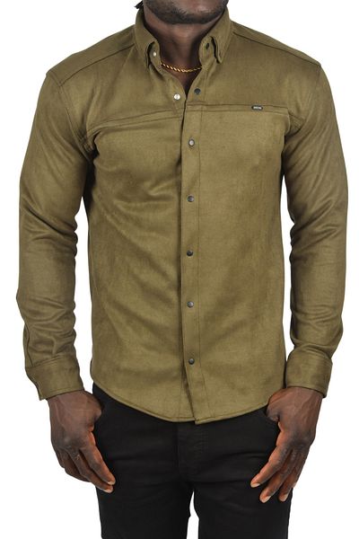 DeepSEA Χακί Suede Slim Fit πουκάμισο - Lycra, Αντιρυτιδικό, Εποχιακό χωρίς τσέπες 2500556