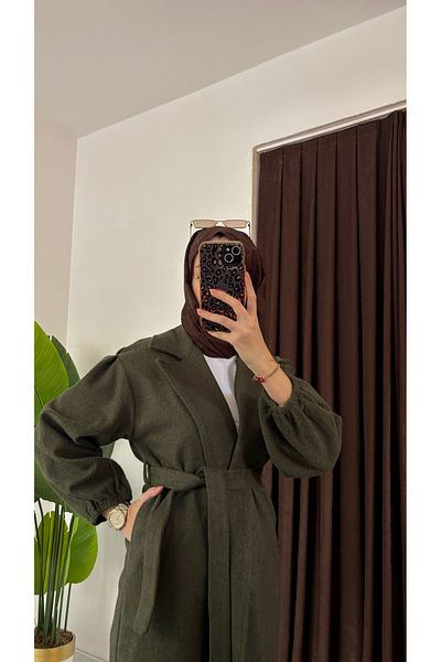 hacer ayaydın Μανίκια Gathered Mobile Belted Oversize Cut Μπουρνούζι Τύπος Κασέ Γυναικείο παλτό