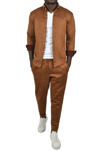 DeepSEA Ανδρικό πουκάμισο Suede Slim Fit - Καφέ Lycra, Snap Fastener, Χωρίς τσάκιση, Εποχιακό χωρίς τσέπες 2500556