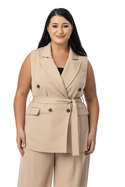 DISENTIS MODEST Large Size Double-Breasted Vest Trousers Beige Color Double Set