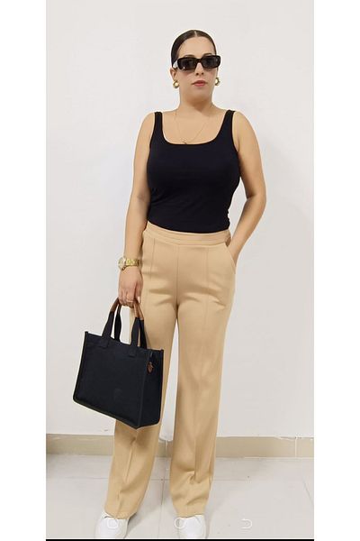 AKŞEN GİYİM LARGE SIZE STRETCH COTTON CUPRA FABRIC GRASS STITCHED HIGH WAIST TREND PALAZZO PANT