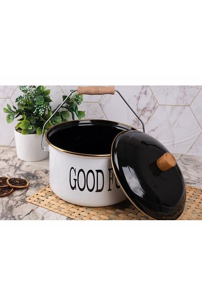 Kitchen Pembelia وعاء زبادي من النحاس المطلي بالمينا بمقبض خشبي 22 سم
