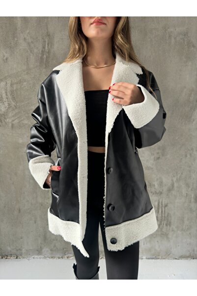 asfamoda معطف سترة نسائي من الجلد القطيفة باللون الأسود مع جيوب من الفرو