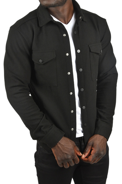 DeepSEA Ανδρικό μαύρο πλεκτό χοντρό υφασμάτινο πουκάμισο γιακά με κουμπωτές τσέπες Αθλητικό μπουφάν 2500557