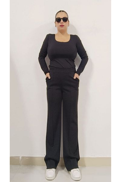 AKŞEN GİYİM LARGE SIZE STRETCH COTTON CUPRA FABRIC GRASS STITCHED HIGH WAIST TREND PALAZZO PANT