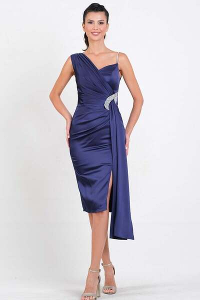 Spazio Dignard Taşlı Askılı Tek Kol Damla Aksesuar Detaylı Midi Abiye Elbise ...