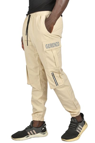 Rizz up Men's Beige Elastic Waist Waterproof Windproof Parachute Fabric Relaxed Cut Pocket Trousers 25