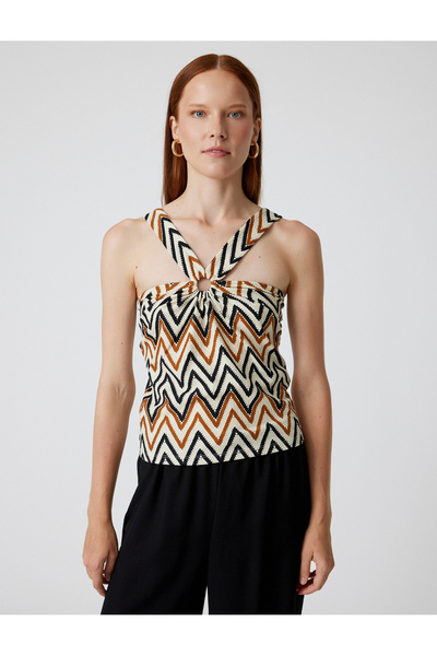 Koton Geometric Patterned Asymmetric Halter Neck Top with Ring Detail