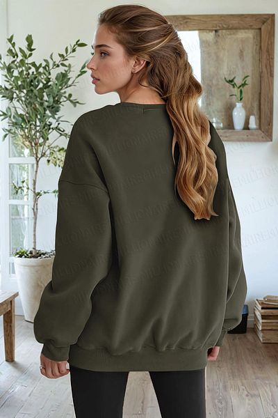 Millionaire Women's Khaki Dreamer Printed 0 Crew Neck Oversize Loose Loose Cut Fleece Sweatshirt