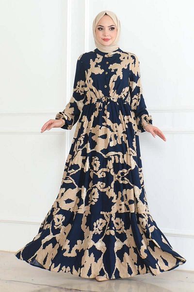 SGS Navy Blue Mina Patterned Hijab Dress