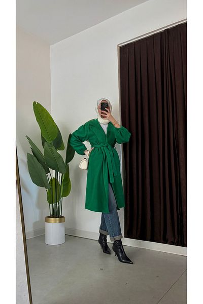 hacer ayaydın Μανίκια Gathered Mobile Belted Oversize Cut Μπουρνούζι Τύπος Κασέ Γυναικείο παλτό