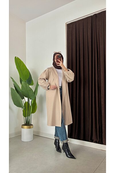 Aranlı tekstil Μανίκια Gathered Mobile Belted Oversize Cut Μπουρνούζι Τύπος Κασέ Γυναικείο παλτό