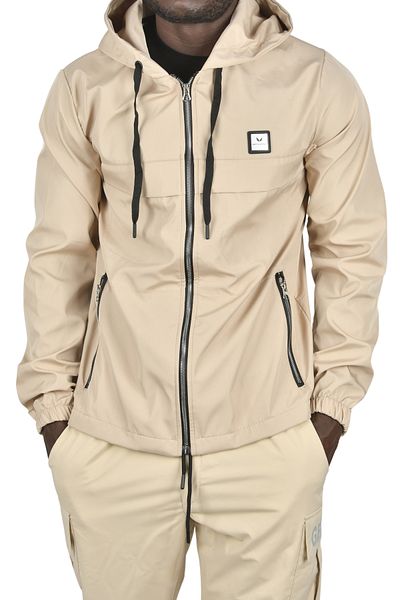 DeepSEA Μπεζ ανδρικό παλτό Slim Fit - Αδιάβροχο και αντιανεμικό, με κουκούλα, βροχερό με φερμουάρ