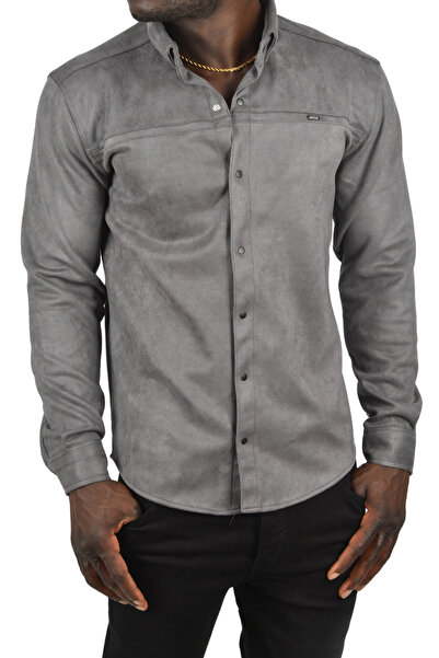DeepSEA Erkek Füme Likralı Çıtçıtlı Kırışmayan Süet Kumaş Slim Fit Cepsiz Mevsimlik Gömlek 2500556