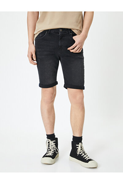 Koton Yırtık Kot Şort Bermuda Slim Fit Katlı Paça Düğmeli