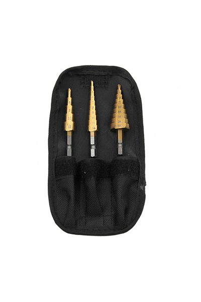Choice 3pc Black Cloth Bag 3pc Hexagonal Shank Titanium Plated Ladder Drill Bit Set 3-12/4-12/4-20mm Expand
