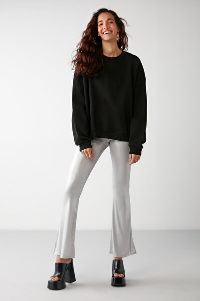 GRIMELANGE Vaneltına Kadın Içi Polarlı 3 Iplik Organik Pamuk Oversize Basic Bisiklet Yaka Siyah Sweatshirt