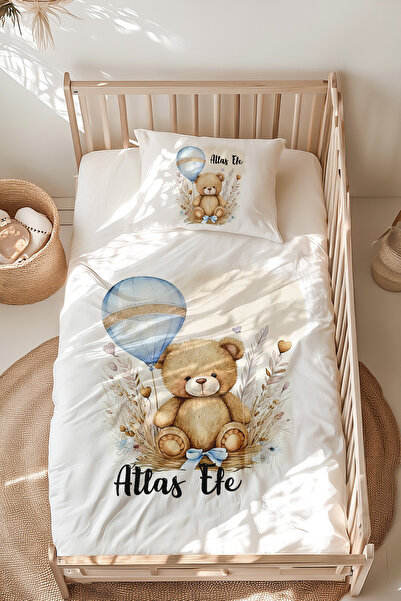Lilabio %100 Pamuk Isme Özel Isimli Montessori Yatak Nevresim Takımı (100X200 CM) Ayıcık