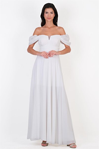 Spazio Cliceria U Yaka Beli Drapeli Yırtmaçlı Uzun Abiye Elbise EKRU