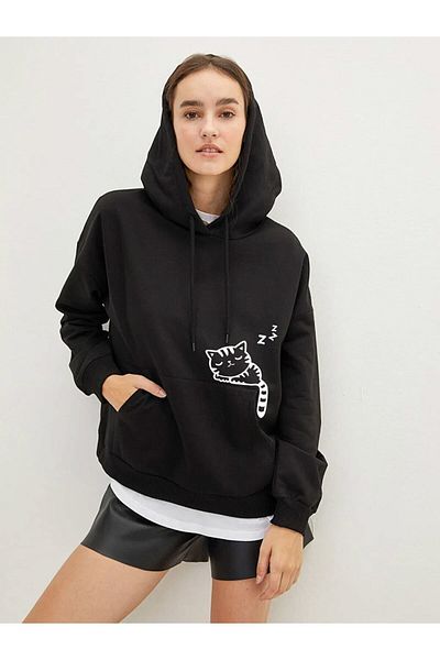 Moda Glo Hooded Sweatshirt with Cat Print on the Pocket