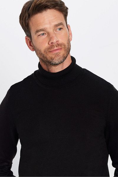 Tudors Мъжки Slim Fit Slim Fit Черен трикотажен пуловер с пълна яка с мека текстура, който не се набива