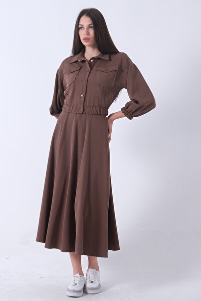 Feminist Beli Lastikli Cepli Ceket ve Etek İkili Takım Kahve 4595053