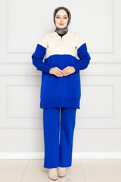 Sevitli Saks Blue Knitwear Set - Trucker Collar and Button Detail