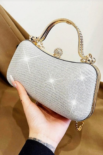 Famels حقيبة فستان سهرة نسائية فضية اللون من القماش اللامع مع حقيبة ذهبية مزي...