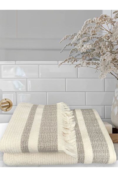 Elif Towels Ecru - Brown Patterned Fringed Bath Towel Set