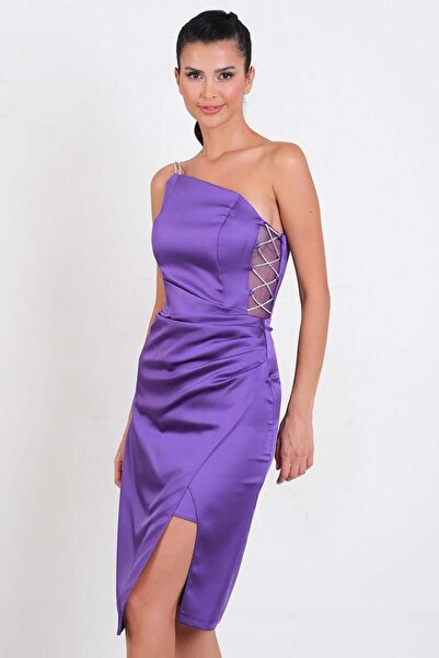Spazio Coletta Yan Çapraz Aksesuar Detaylı Asimetrik Etek Kısa Abiye Elbise MOR