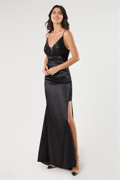 Spazio Nazzarino İnce Askılı Sırtı Bantlı Beli Drapeli Uzun Abiye Eibise SİYAH