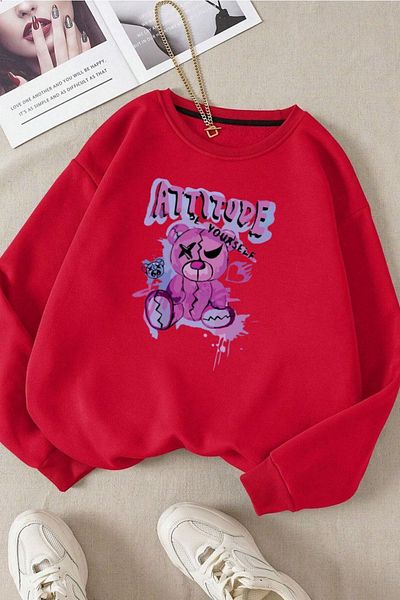 Moda Glo Унисекс памучен суитшърт с щампа Attitude и кръгло деколте