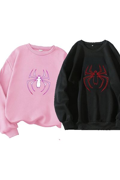 Moda Glo Unisex Spider Printed 3 Thread Organic Cotton Oversize Lover Couple Combination Hooded Hoodie