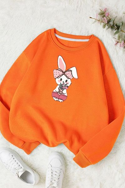 Moda Glo Hanorac unisex din bumbac cu decolteu rotund cu imprimeu iepure