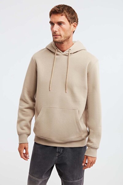 GRIMELANGE Ανδρική κουκούλα Jorge από οργανικό βαμβάκι κανονική μπεζ φούτερ με τσέπη καγκουρό