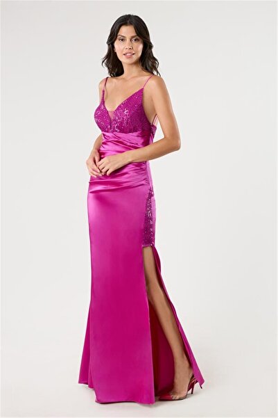 Spazio Nazzarino İnce Askılı Sırtı Bantlı Beli Drapeli Uzun Abiye Eibise FUŞYA