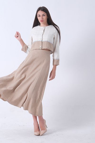 Feminist Beige Plaid Patterned Jacket and Skirt Set - 4595059