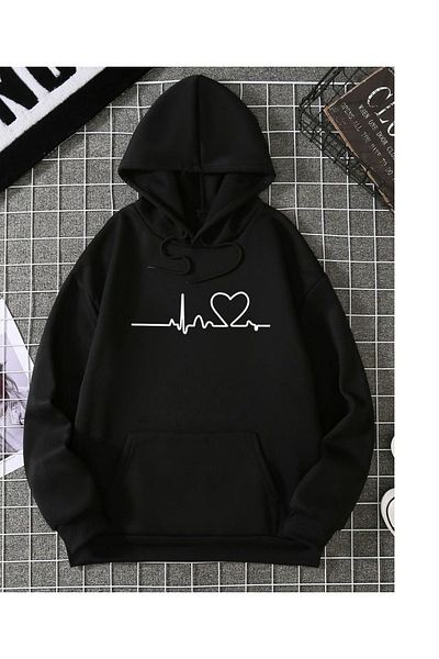 Moda Glo Hanorac unisex cu glugă cu imprimeu Minimal Heart