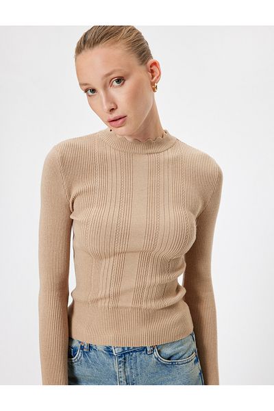Koton Light Knitwear Sweater - Stand Collar, Long Sleeve, Textured