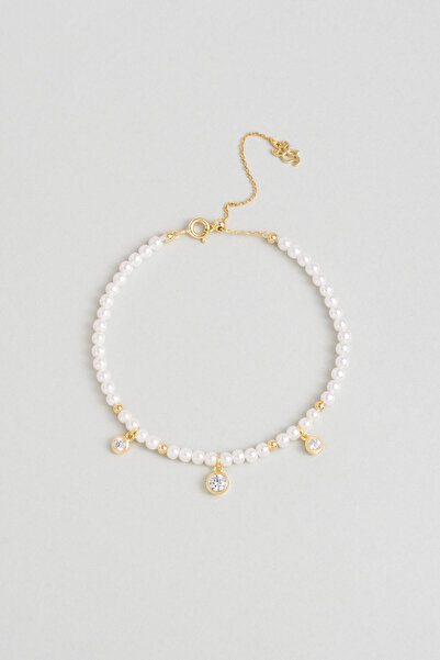 So CHIC... Beyaz Gece 18 Ayar Sarı Altın Kaplama 20 Cm Gümüş İnci Bileklik