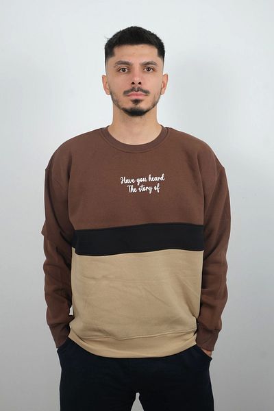 Booss Milano Men's Crew Neck Striped Fleece Sweatshirt Story Brown