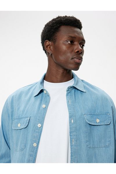 Koton Übergroße Hemdjacke aus Baumwoll-Jeansstoff – lange Ärmel und Taschendetail