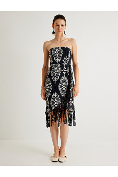 Koton X Melis Ağazat - Straplez Elbise Püskül Detaylı Midi Boy Etnik Desenli Slim Fit