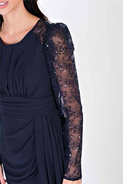 Spazio Ombra Kol Tül Beli Drapeli Kısa Abiye Elbise LACİVERT